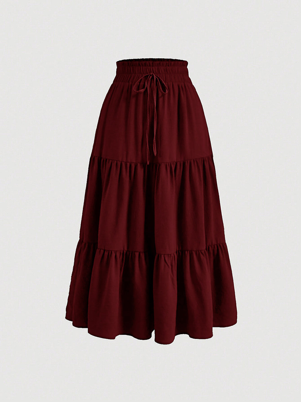 High Rise Tiered Flare Midi Skirt - Burgundy