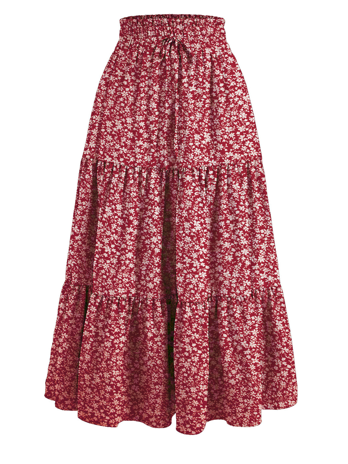 High Rise Tiered Flare Midi Skirt - RedFloral