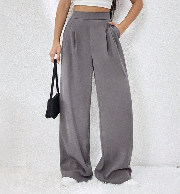 Pleated Drape Wide Leg Trousers - Grey - 4