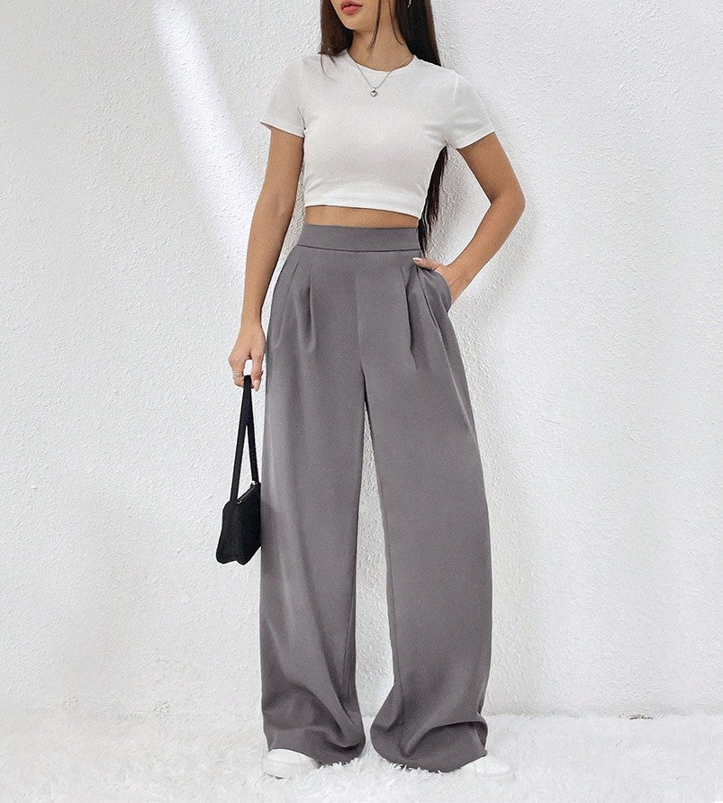 Pleated Drape Wide Leg Trousers - Grey - 5