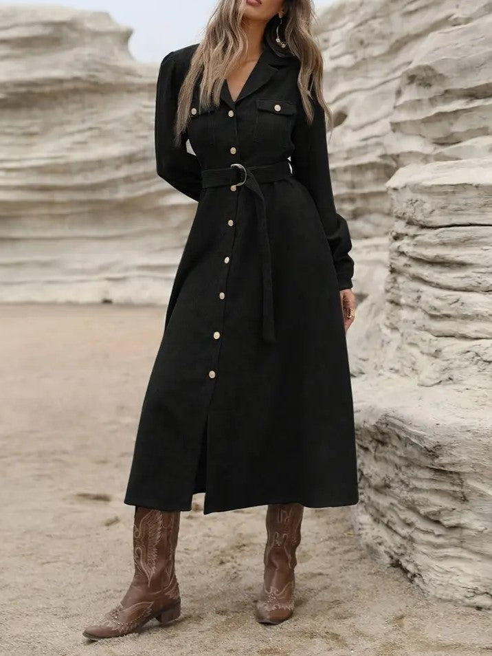 Corduroy Belted Button Front Shirt Dress - Black