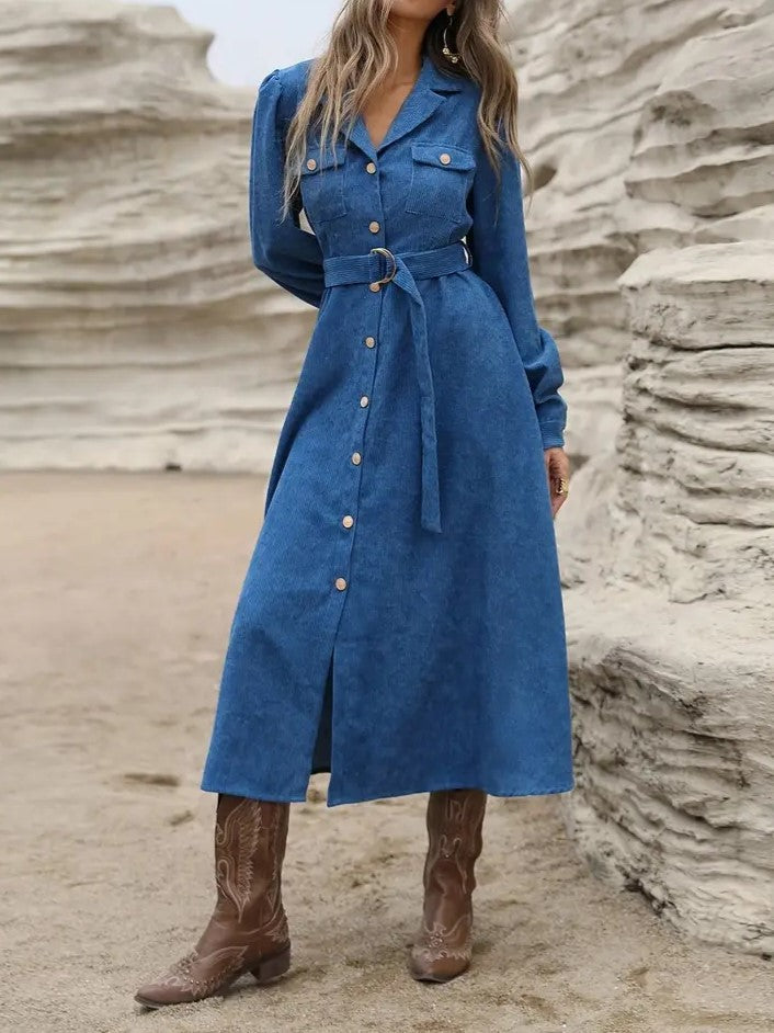 Corduroy Belted Button Front Shirt Dress - Blue - 1