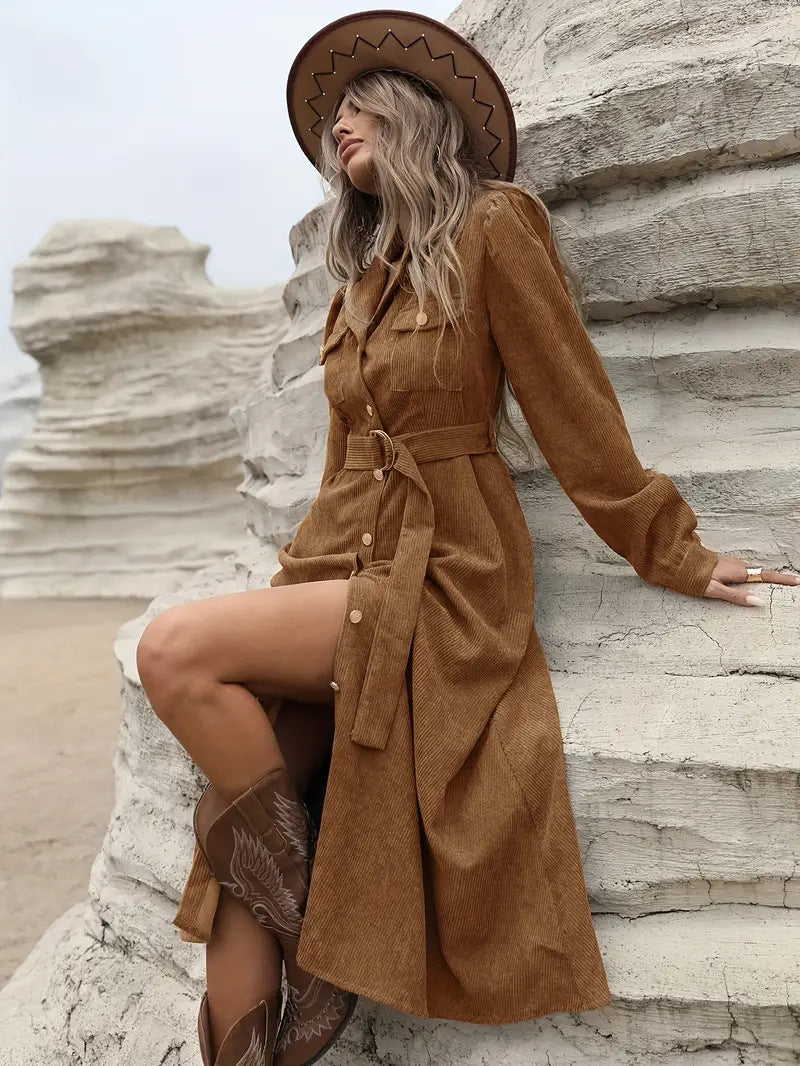 Corduroy Belted Button Front Shirt Dress - Brown