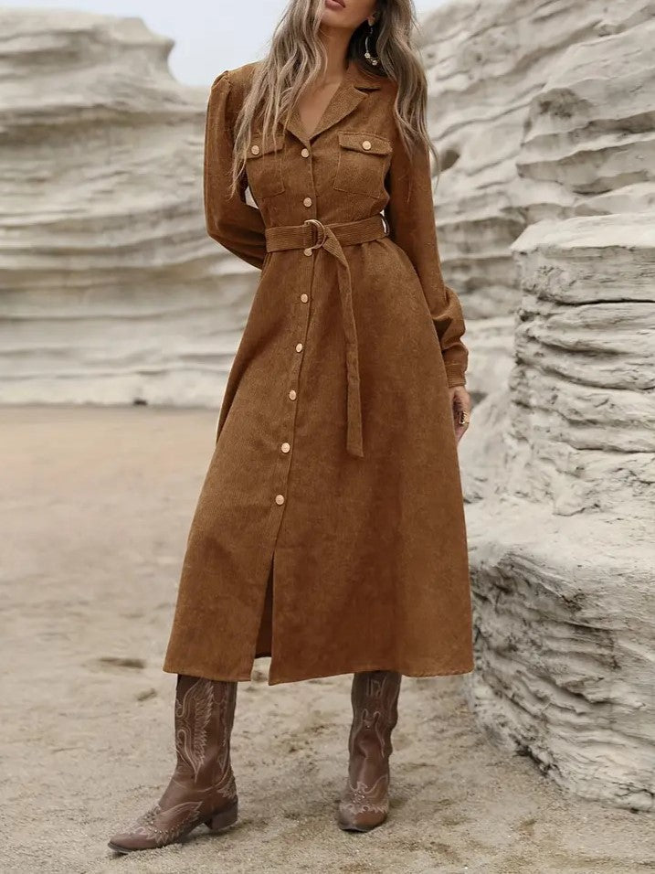 Corduroy Belted Button Front Shirt Dress - Brown - 1