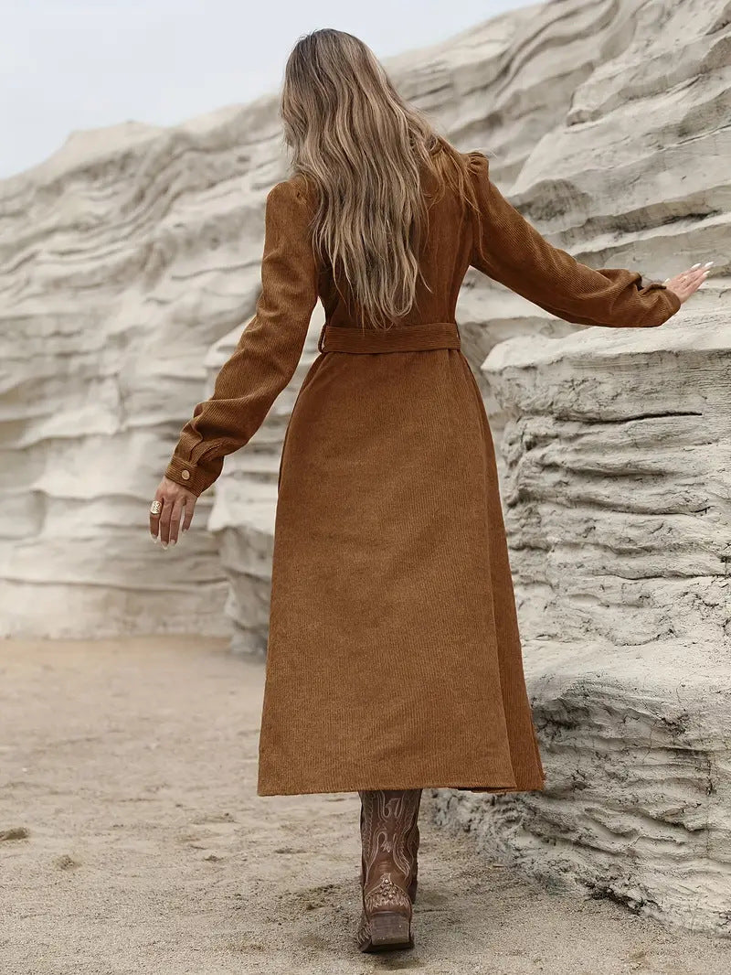 Corduroy Belted Button Front Shirt Dress - Brown - 3
