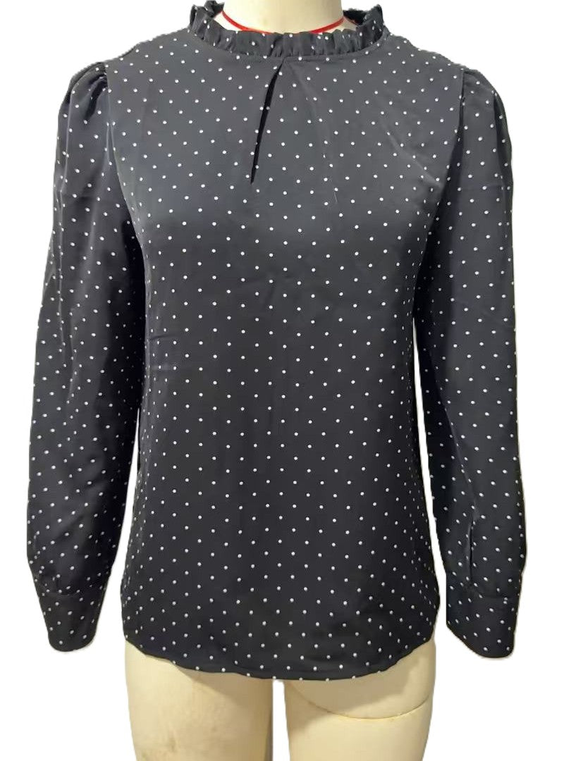 Ruffle Mock Neck Dotted Chiffon Blouse - Black