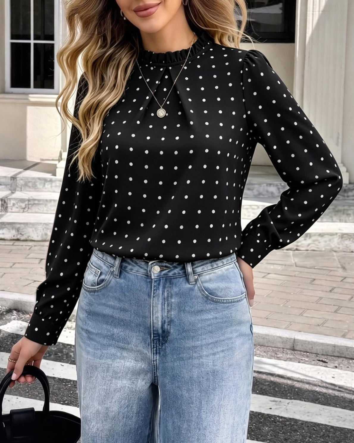 Ruffle Mock Neck Dotted Chiffon Blouse - Black - 1