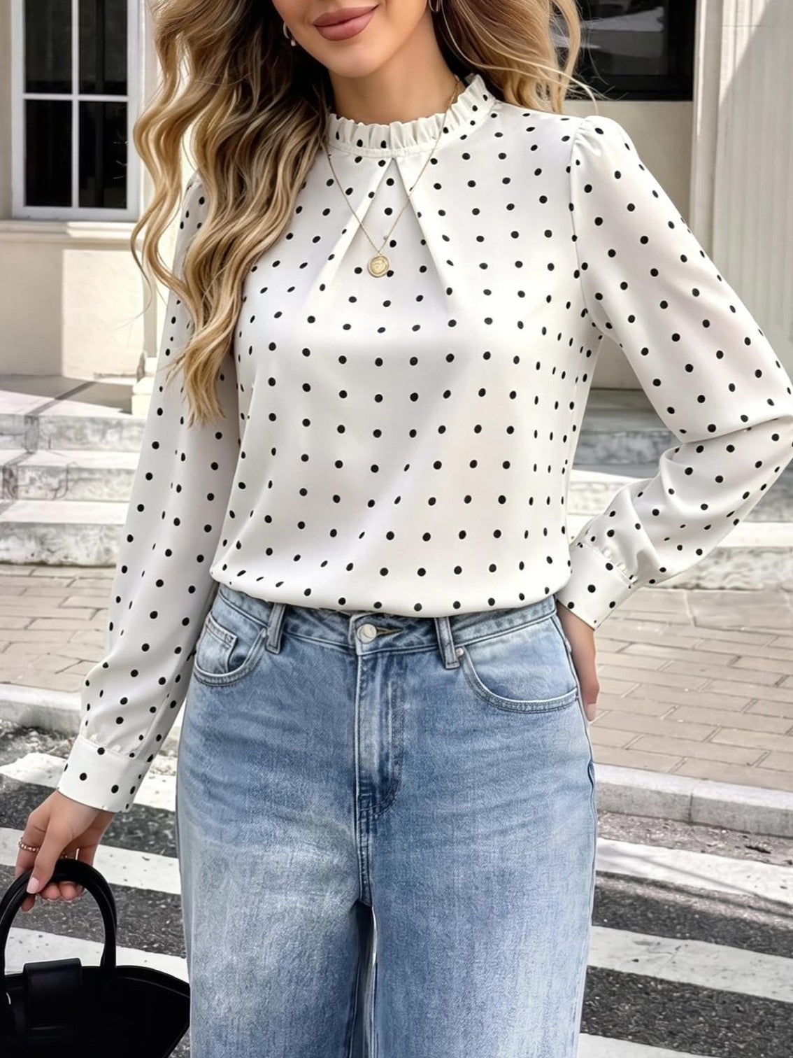Ruffle Mock Neck Dotted Chiffon Blouse - White - 1