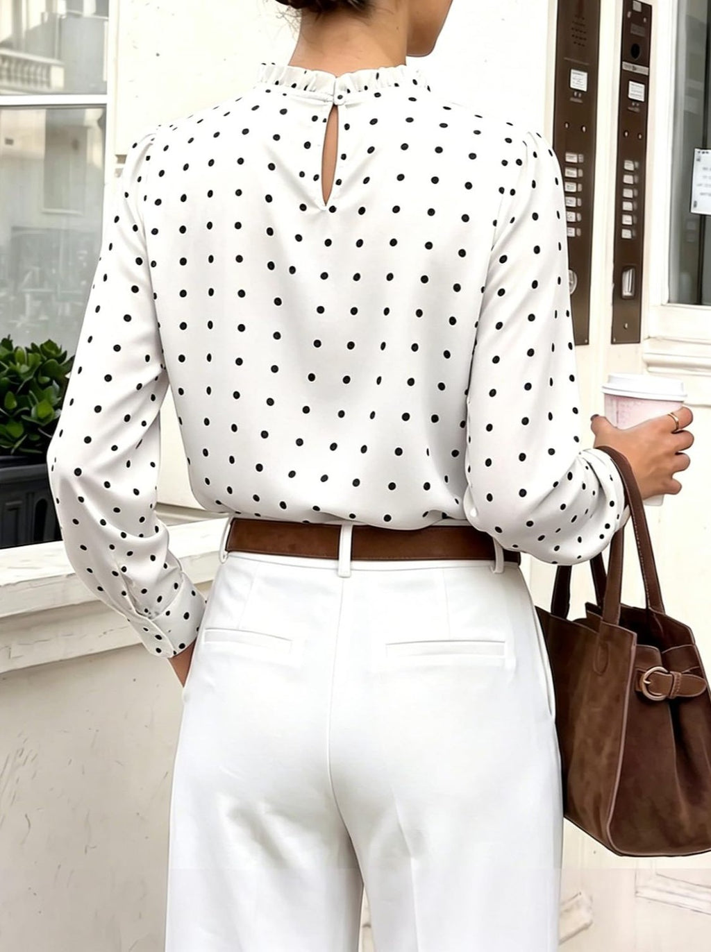 Ruffle Mock Neck Dotted Chiffon Blouse - White - 2