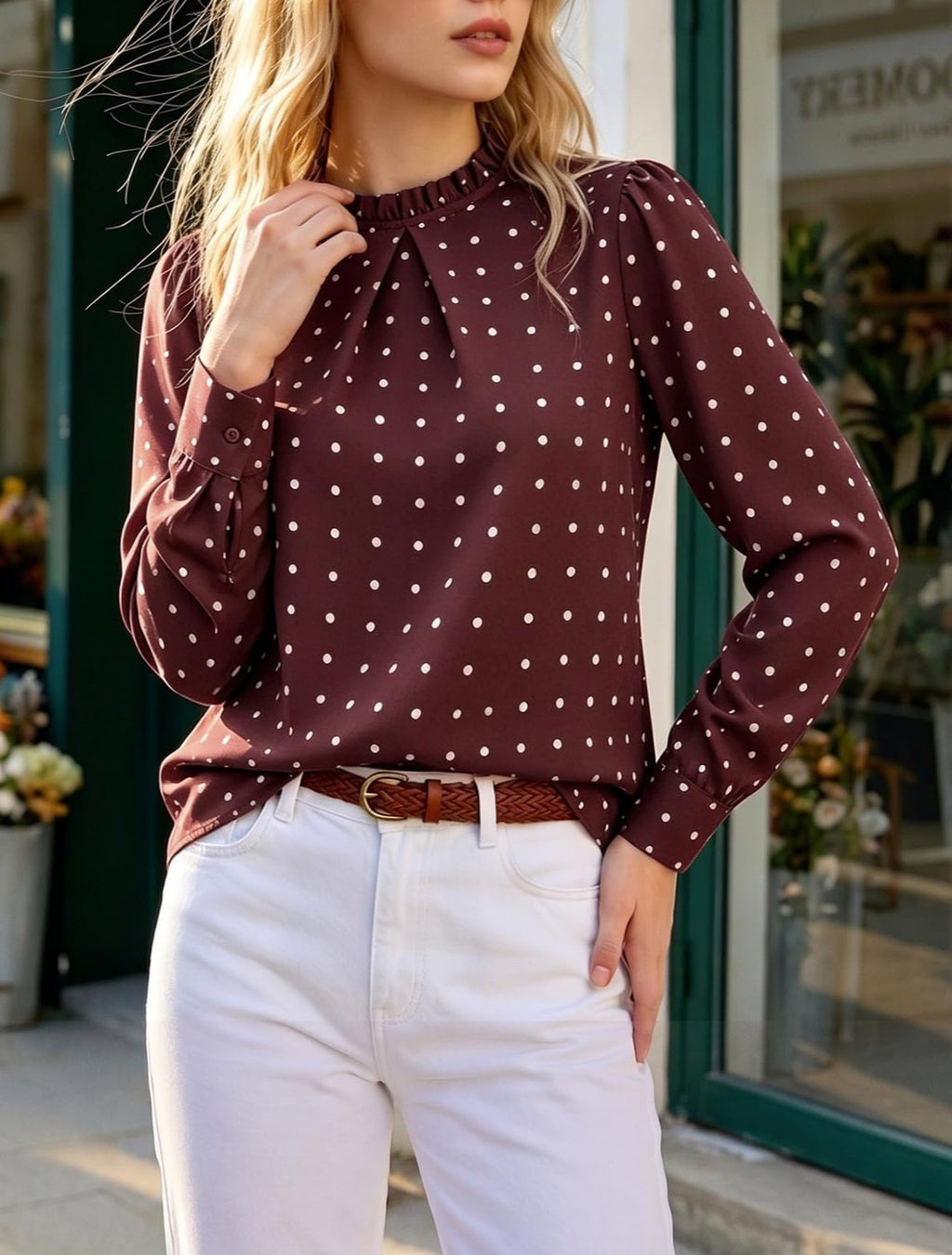 Ruffle Mock Neck Dotted Chiffon Blouse - Winered