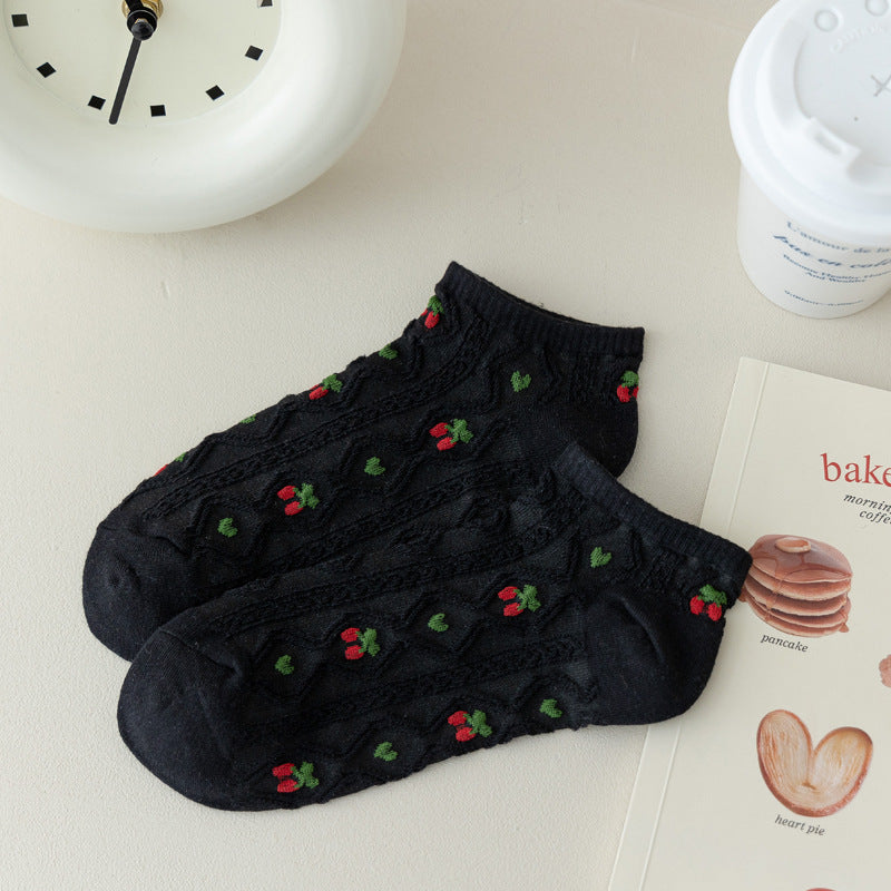 Fruit Embroidered Twist Knit Ankle Socks - Cherry