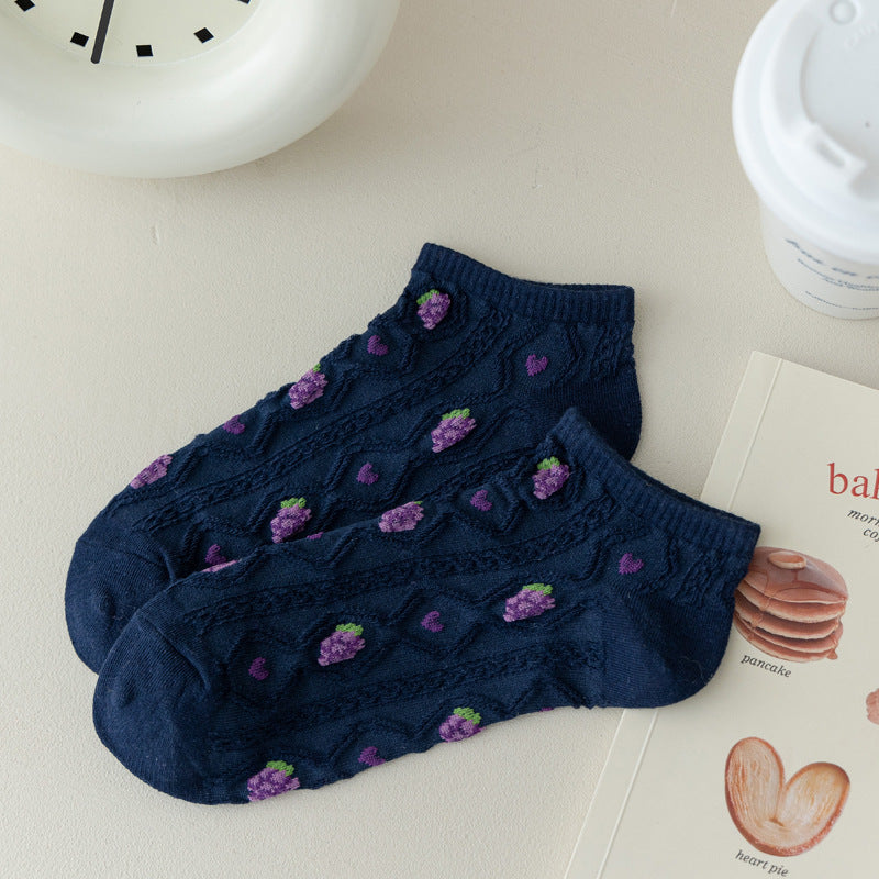 Fruit Embroidered Twist Knit Ankle Socks - Grapes
