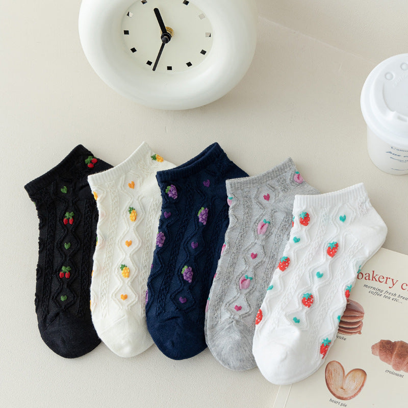 Fruit Embroidered Twist Knit Ankle Socks - Grey