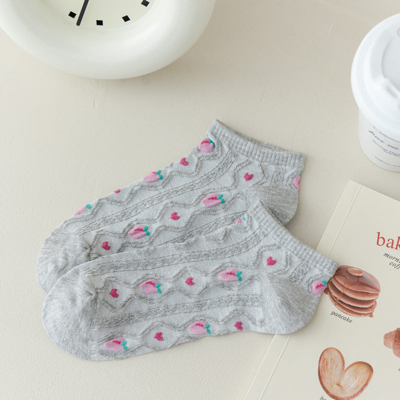 Fruit Embroidered Twist Knit Ankle Socks - Grey - 1