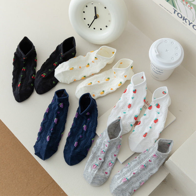 Fruit Embroidered Twist Knit Ankle Socks - Grey - 3