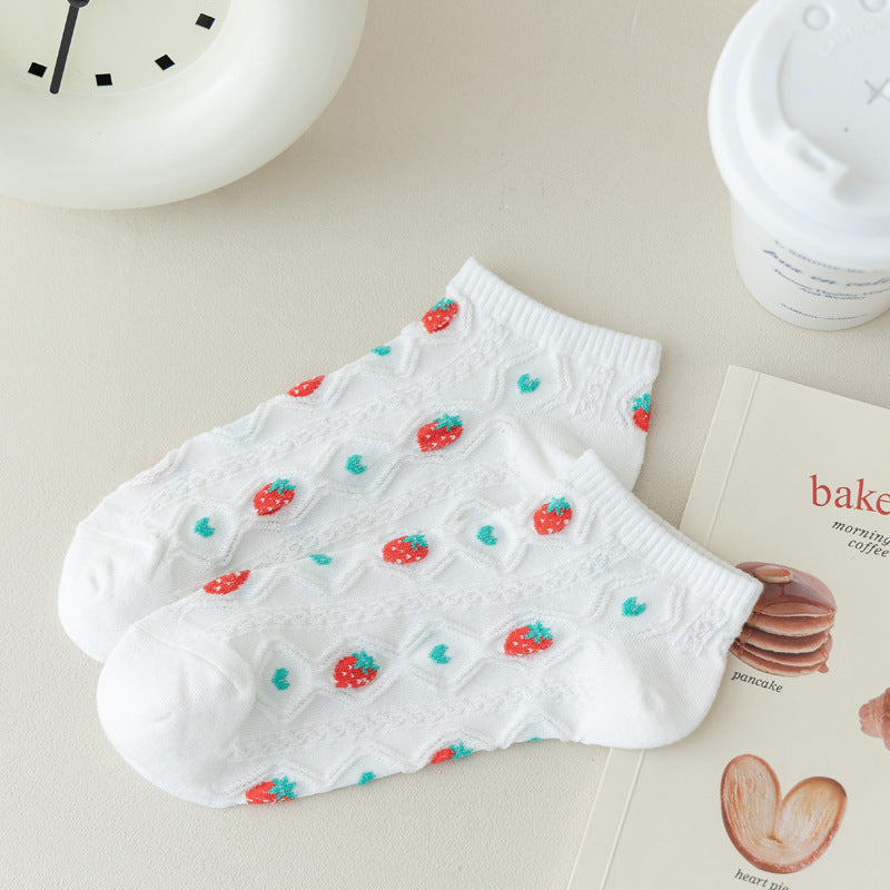 Fruit Embroidered Twist Knit Ankle Socks - Strawberry