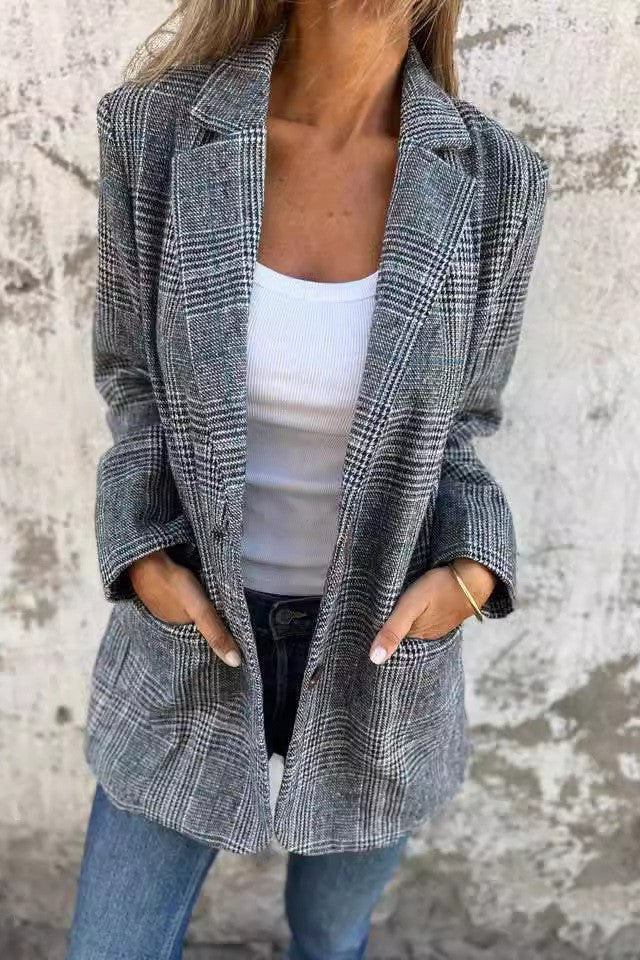 Windowpane Check Notch Lapel Blazer - grey02