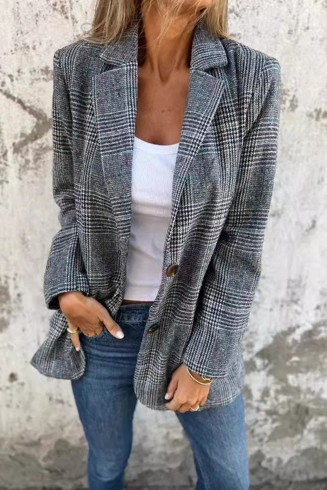 Windowpane Check Notch Lapel Blazer - grey02 - 1