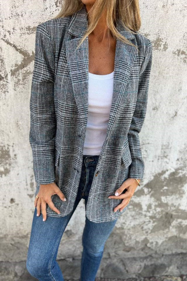 Windowpane Check Notch Lapel Blazer - grey02 - 2