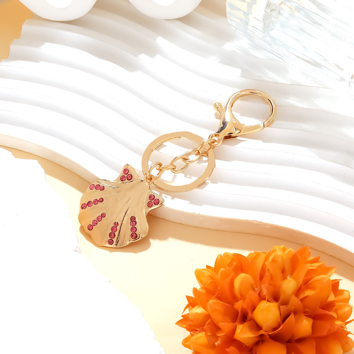 Rhinestone Seashell Charm Beach Keychain - Gold - 1