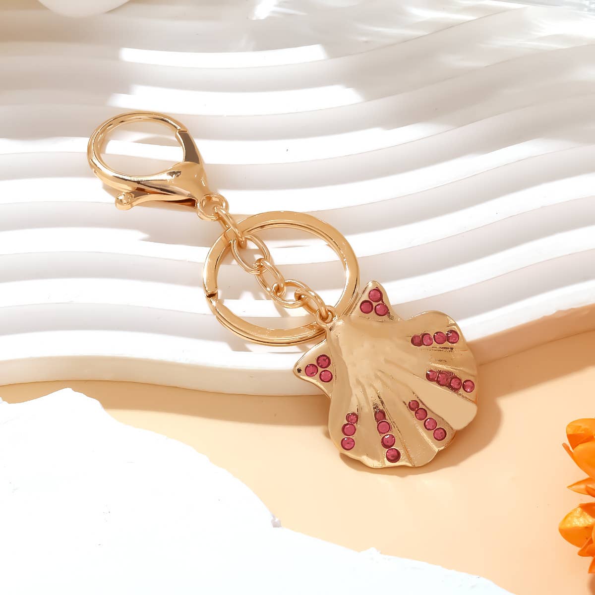 Rhinestone Seashell Charm Beach Keychain