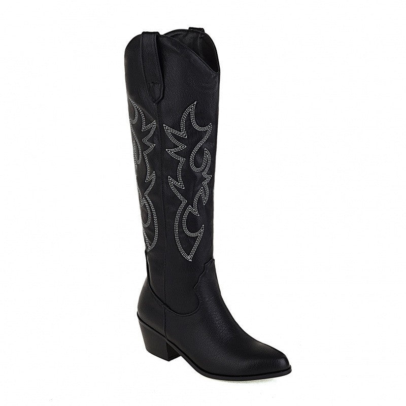 Embroidered Pointed Toe Western Knee High Boots - Black