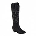 Embroidered Pointed Toe Western Knee High Boots - Black
