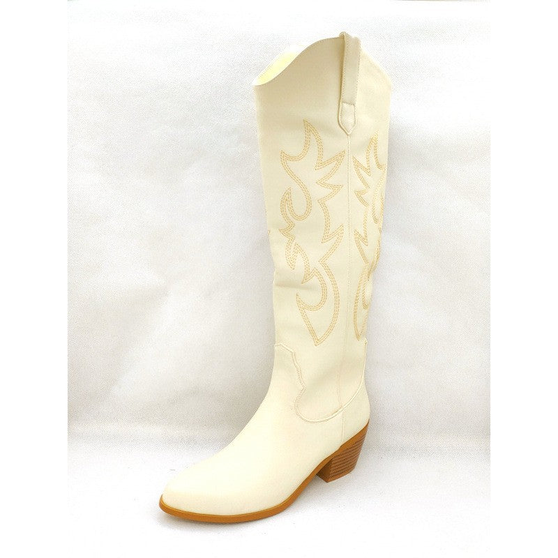 Embroidered Pointed Toe Western Knee High Boots - Cream