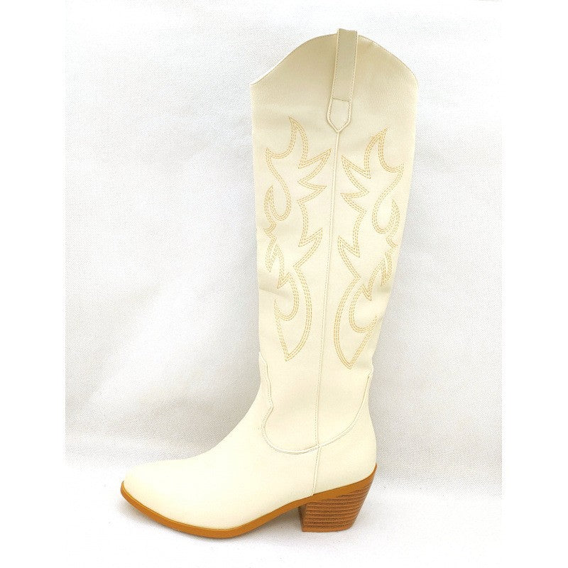 Embroidered Pointed Toe Western Knee High Boots - Cream Fleece Lined