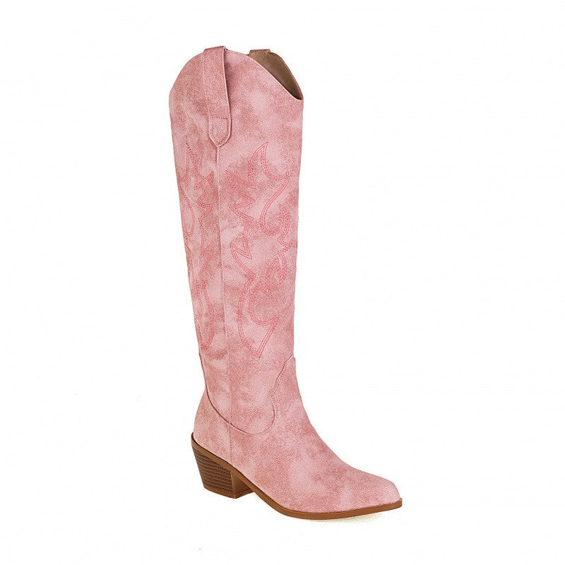 Embroidered Pointed Toe Western Knee High Boots - Pink