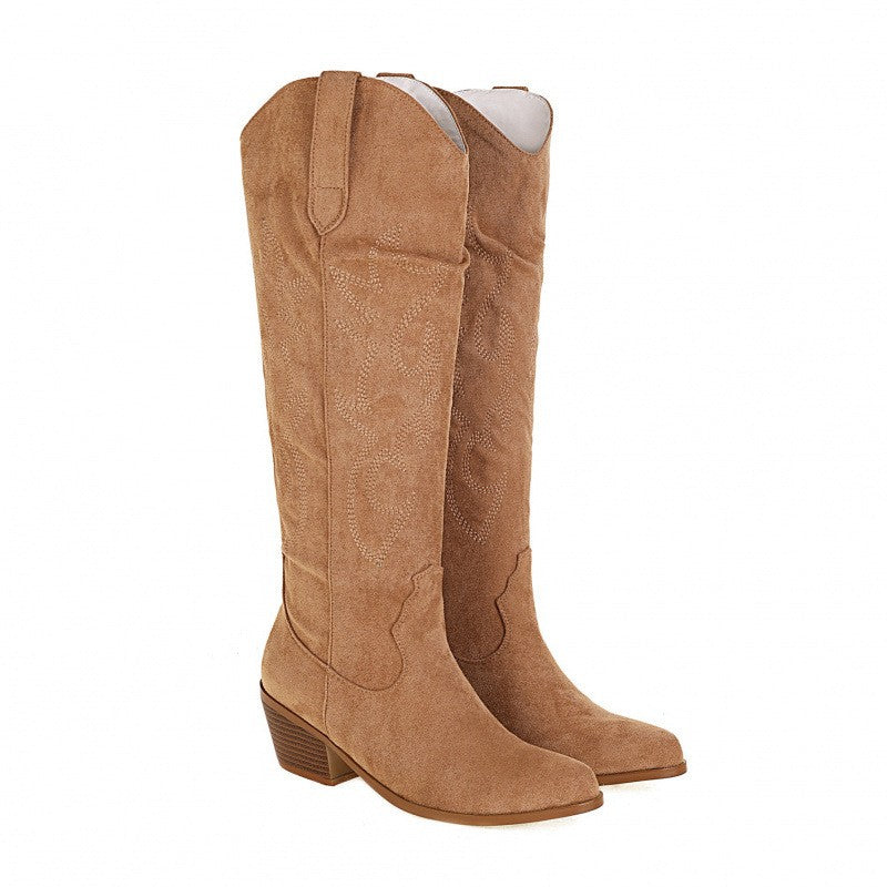 Embroidered Pointed Toe Western Knee High Boots - Tan Fleece Lined
