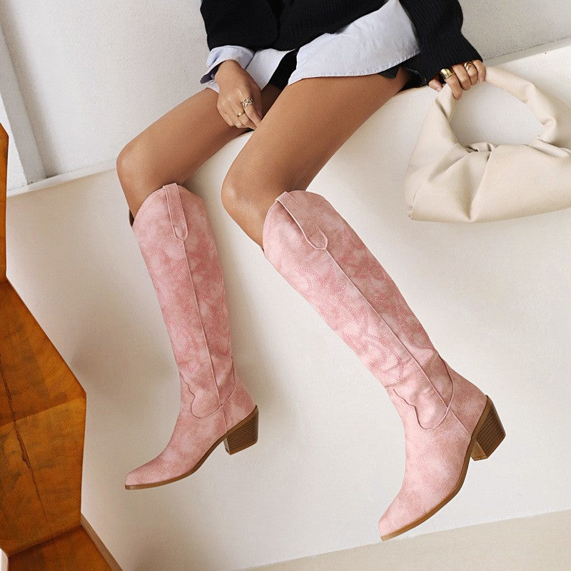 Embroidered Pointed Toe Western Knee High Boots