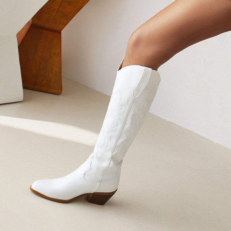 Embroidered Pointed Toe Western Knee High Boots