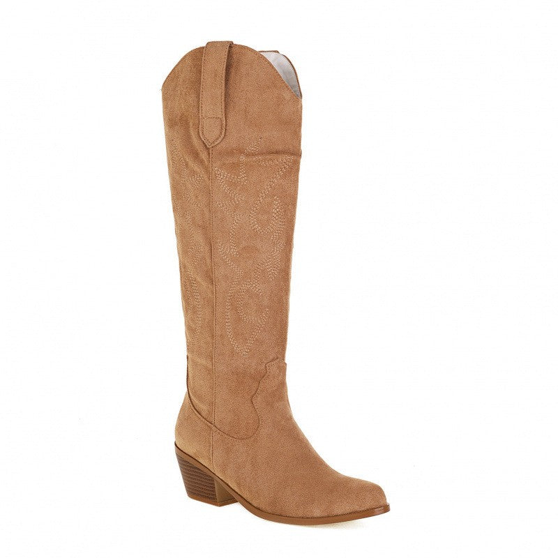 Embroidered Pointed Toe Western Knee High Boots