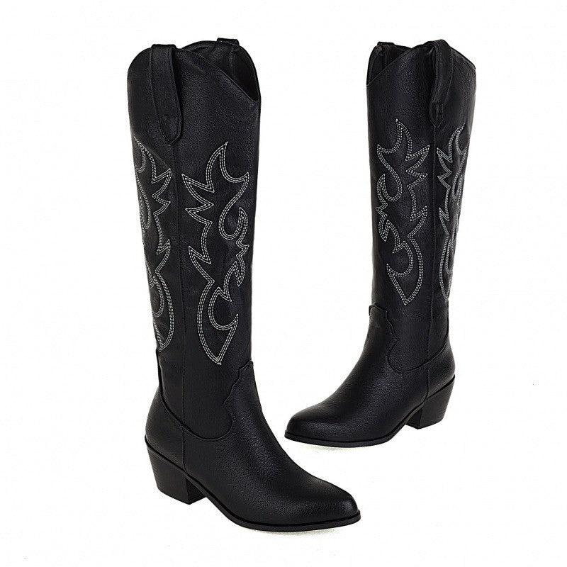 Embroidered Pointed Toe Western Knee High Boots