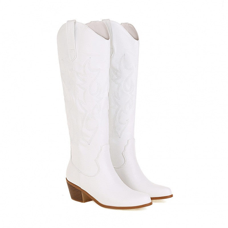 Embroidered Pointed Toe Western Knee High Boots