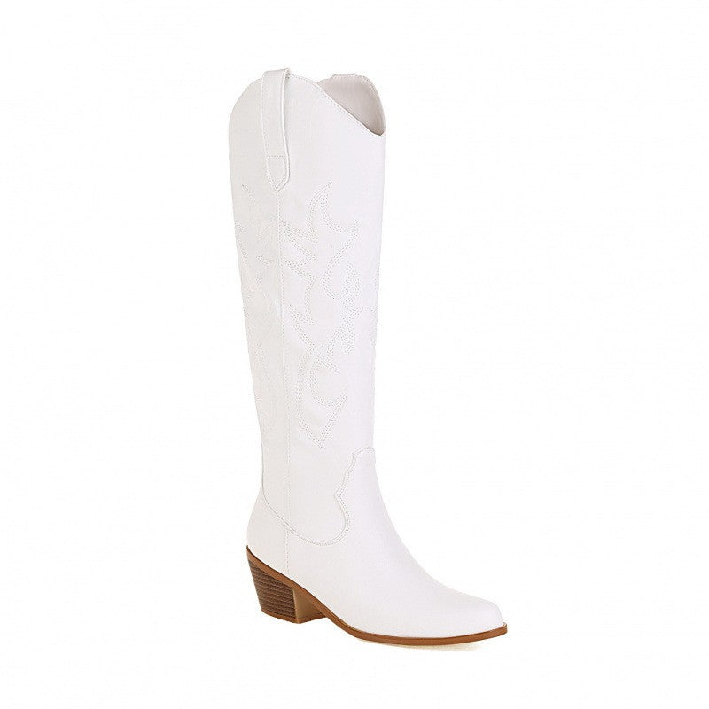 Embroidered Pointed Toe Western Knee High Boots