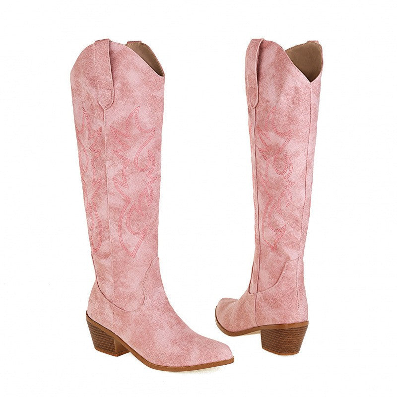 Embroidered Pointed Toe Western Knee High Boots
