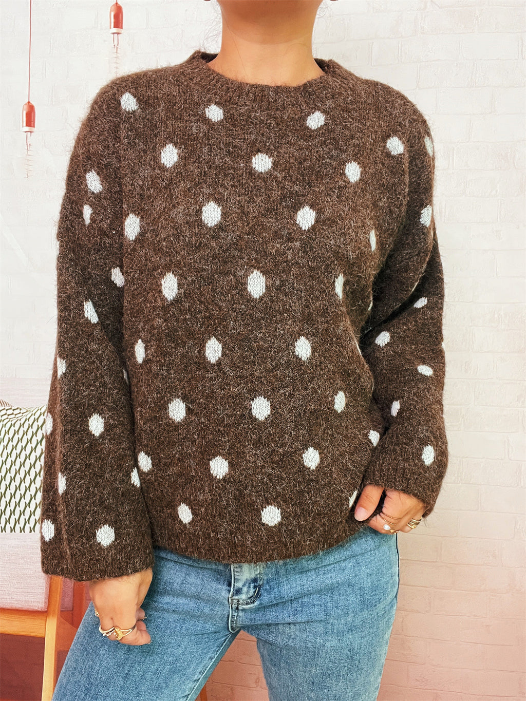 Polka Dot Oversized Crewneck Knit Sweater - Brown