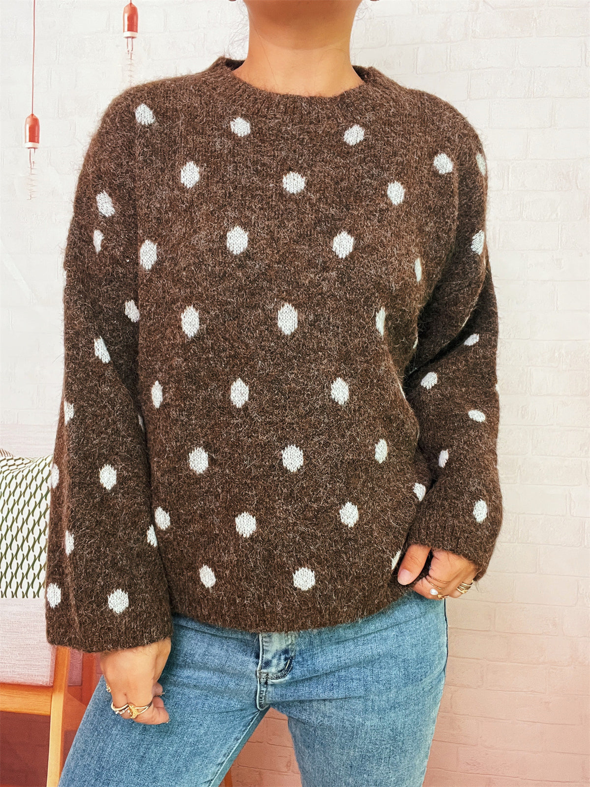 Polka Dot Oversized Crewneck Knit Sweater - Brown