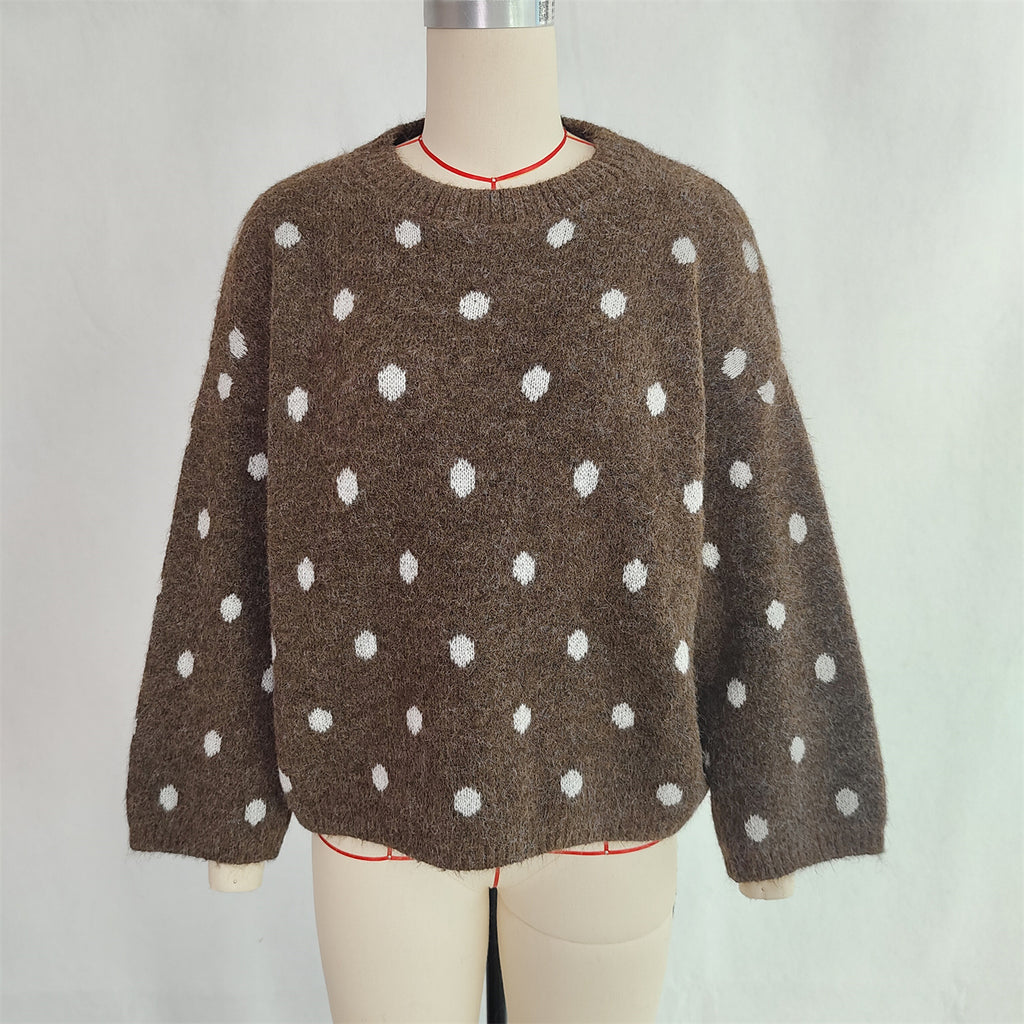 Polka Dot Oversized Crewneck Knit Sweater - Brown - 1