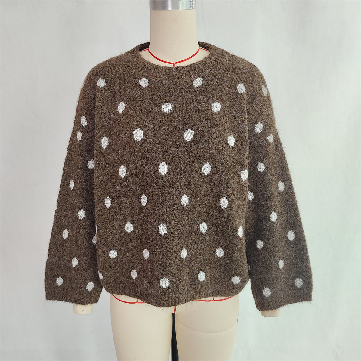 Polka Dot Oversized Crewneck Knit Sweater - Brown - 1