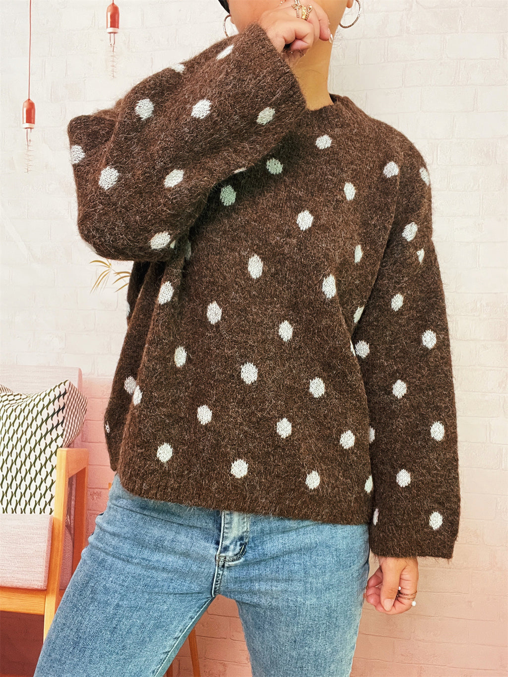 Polka Dot Oversized Crewneck Knit Sweater - Brown - 2