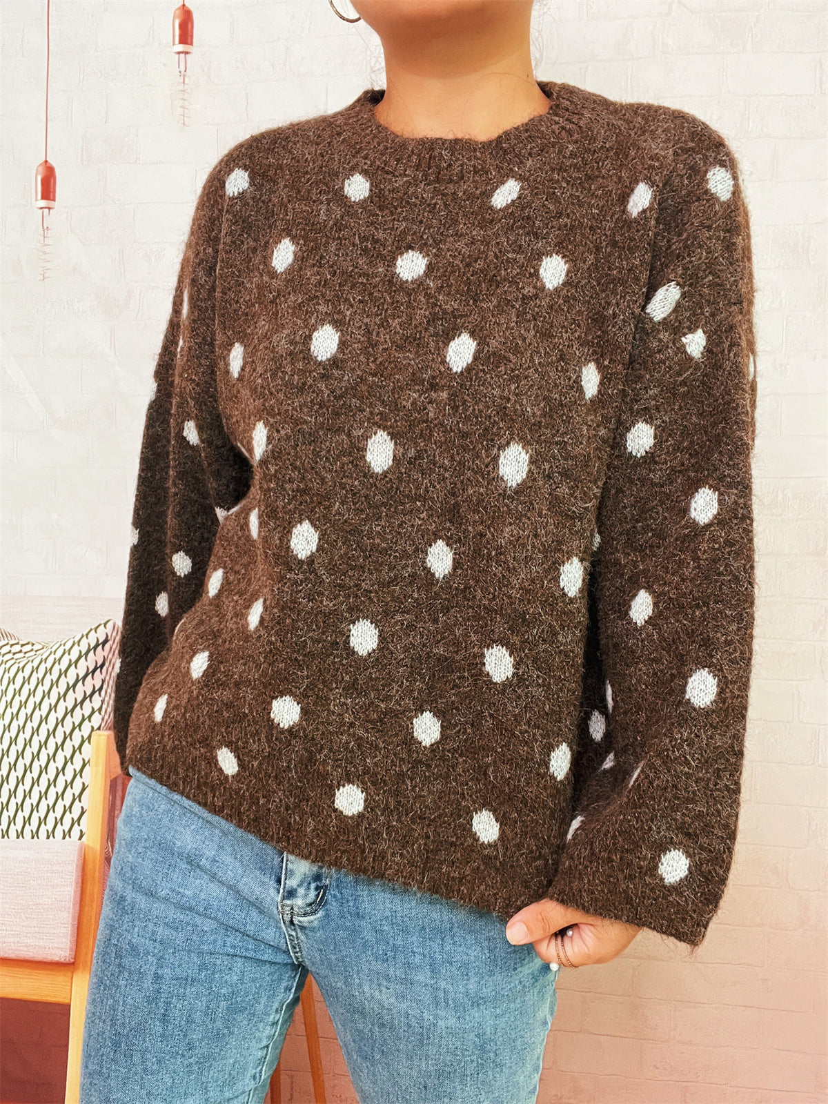 Polka Dot Oversized Crewneck Knit Sweater - Brown - 3
