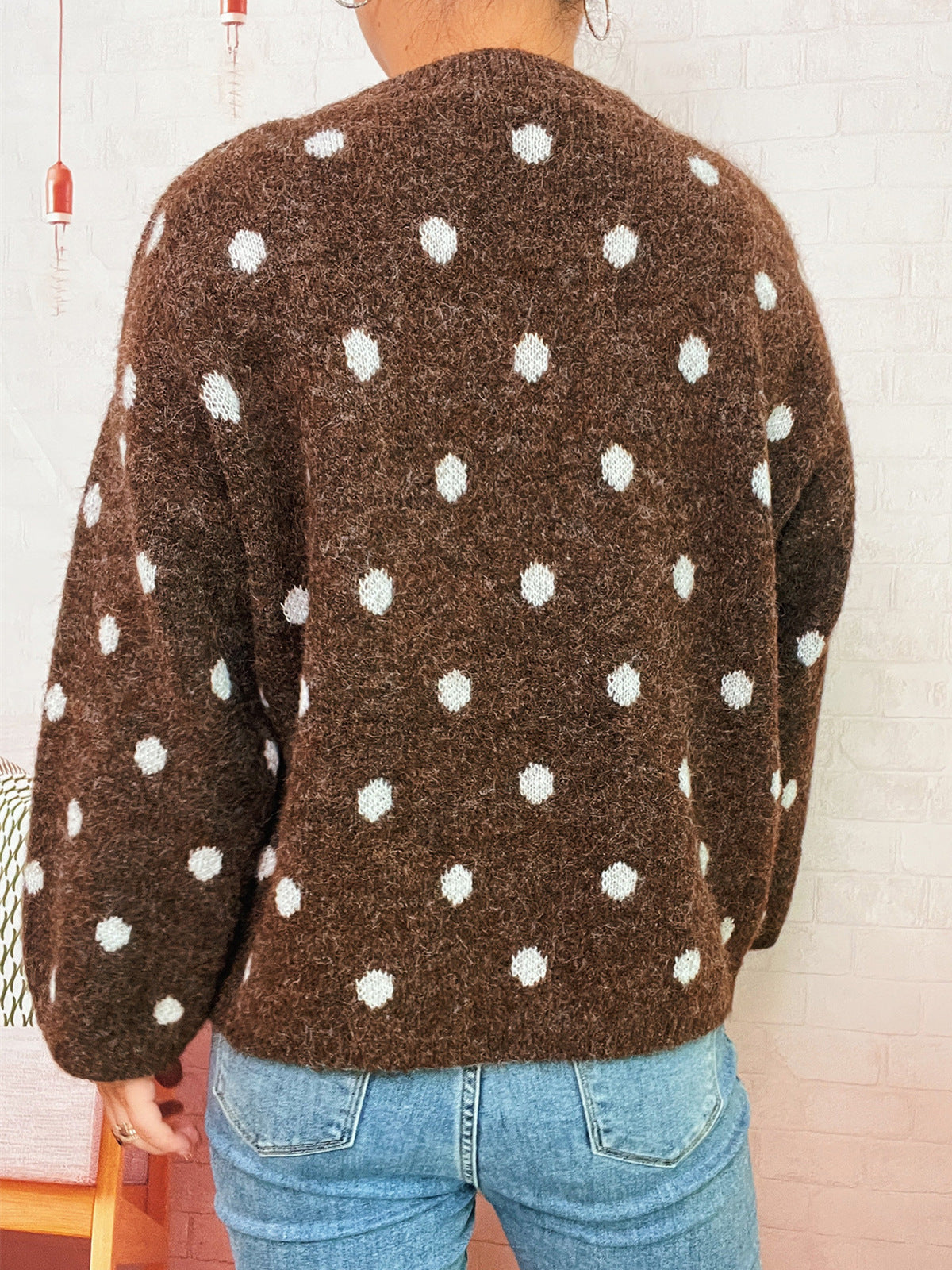 Polka Dot Oversized Crewneck Knit Sweater - Brown - 4