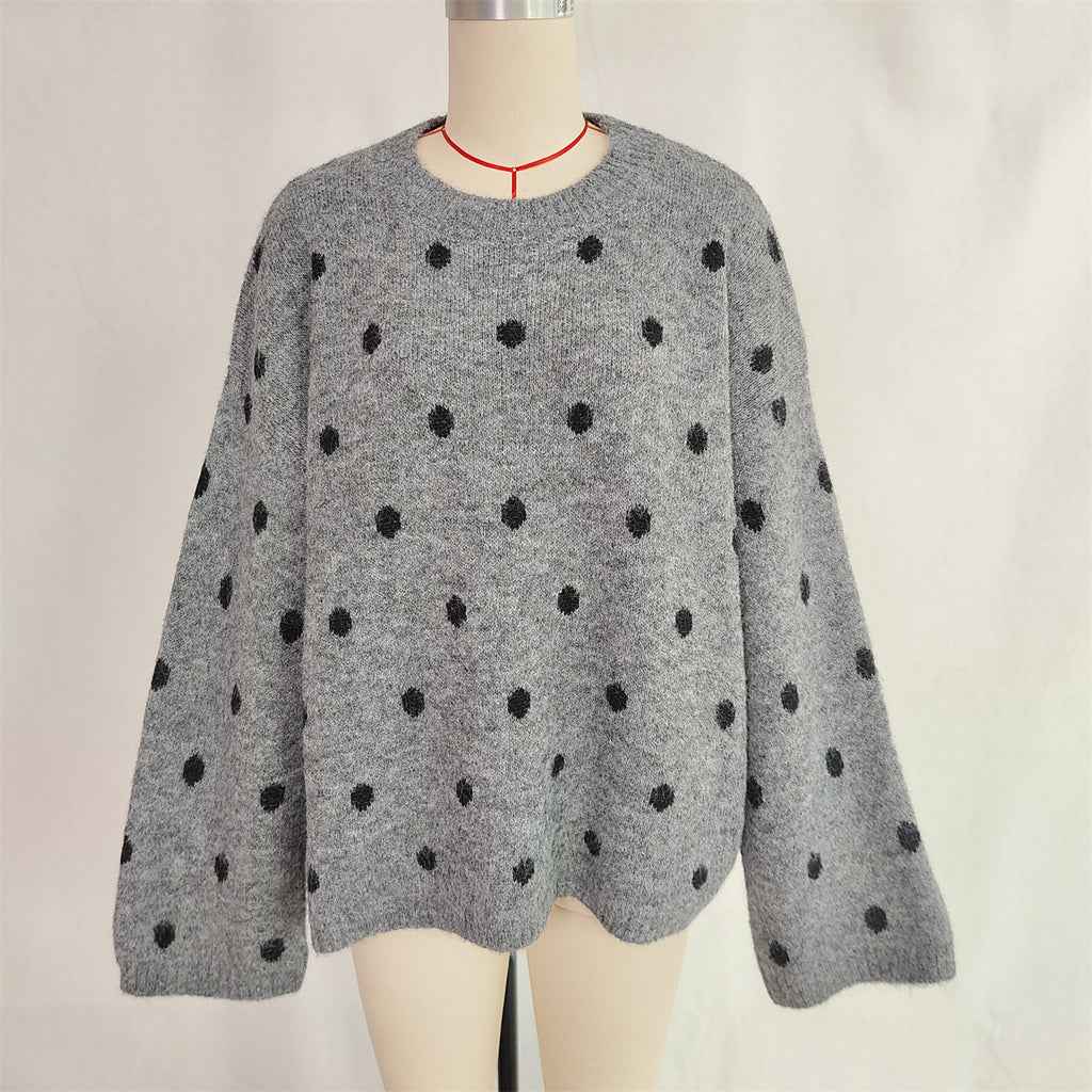 Polka Dot Oversized Crewneck Knit Sweater - DarkGrey