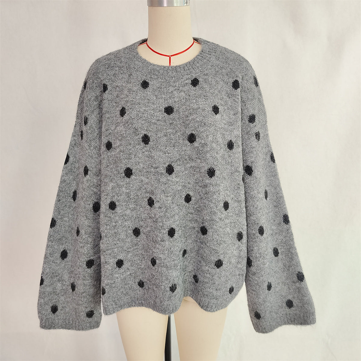 Polka Dot Oversized Crewneck Knit Sweater - DarkGrey