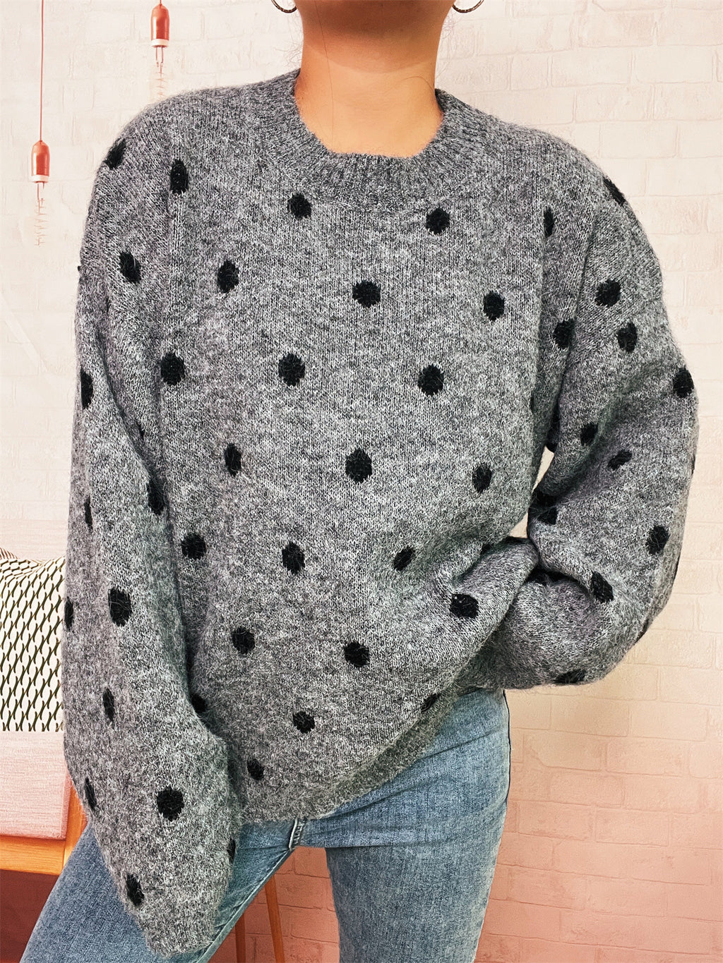 Polka Dot Oversized Crewneck Knit Sweater - DarkGrey - 2