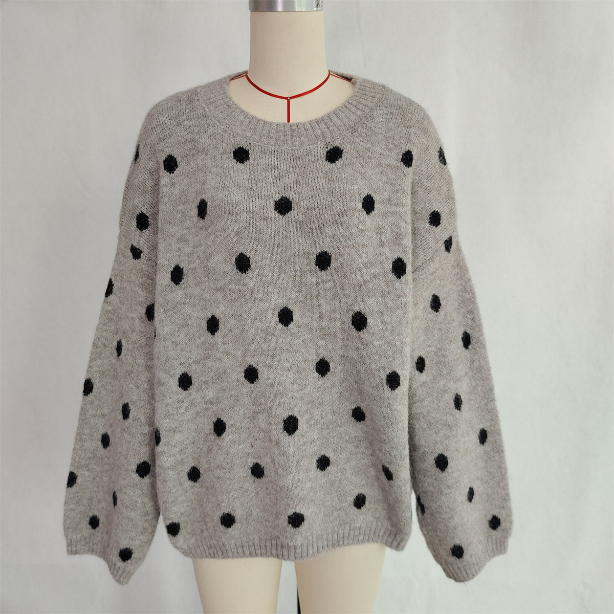 Polka Dot Oversized Crewneck Knit Sweater - Khaki