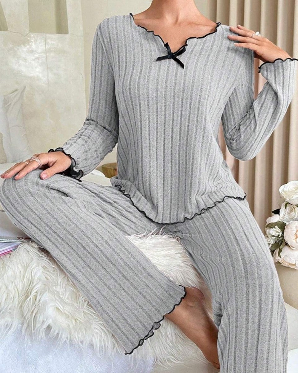 Soft Rib Knit Lounge Set With Bow Trim - Grey